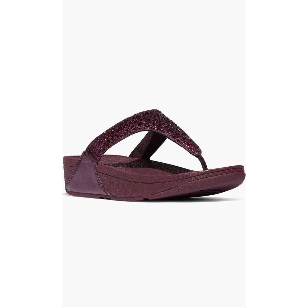 FitFlop Lulu Crystal Mix Toe Post Wedge Sandal in Metallic Plumberry Size 8